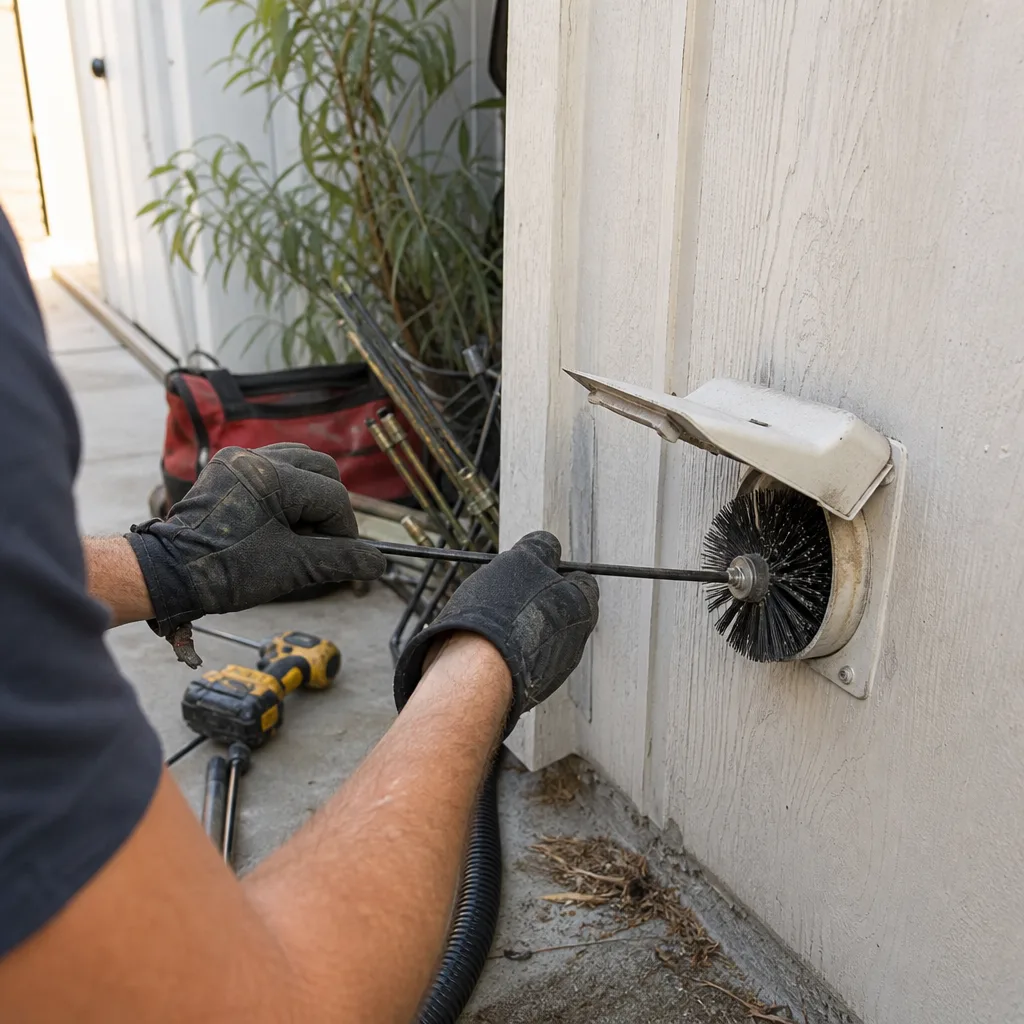 Technician performing professional dryer vent cleaning with a brush tool