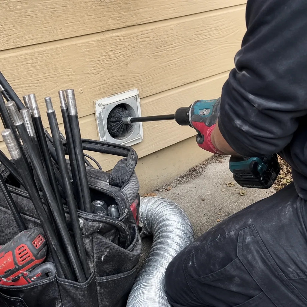 Technician using a rotating brush tool for residential dryer vent cleaning.